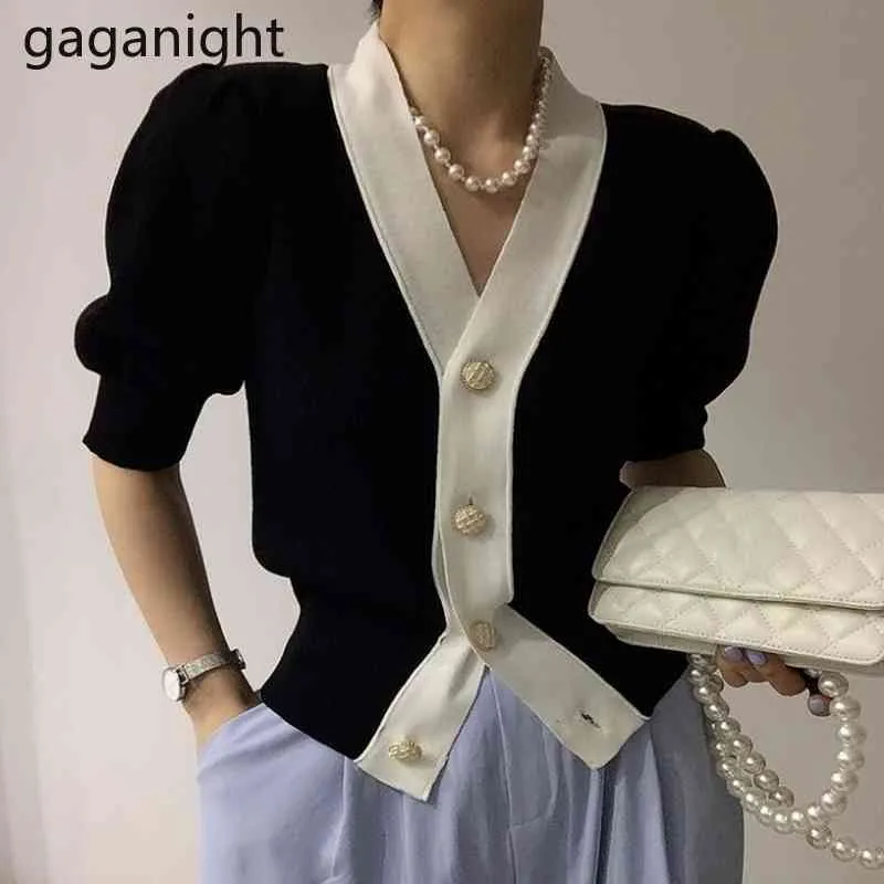 Gaganight Summer Women Short Sleeve Stickade Cardigans Fashion Solid V Neck Tunna Tröjor Slim Ladies Knappar Skörd Top Ropa Mujer 210519