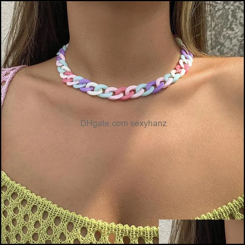 Yamog Ice Cream Mixed Color Short Chains Necklaces Women Rainbow Buckle Acrylic Clavicle Chain European Female Single Woven Vacation Dress Chokers