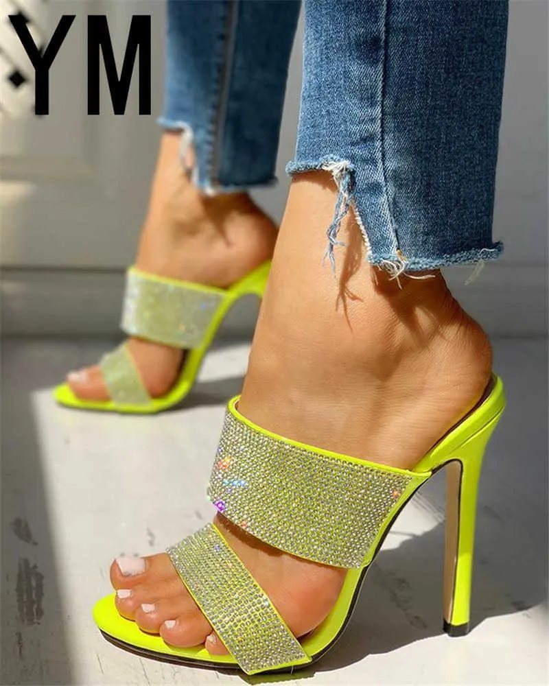 검투사 슬립 온 여성 펌프 슬라이드 섹시한 노란색 크리스탈 샌들 여성 여름 스틸 힐 힐 검투사 신발 플러스 크기 36-41 x0526