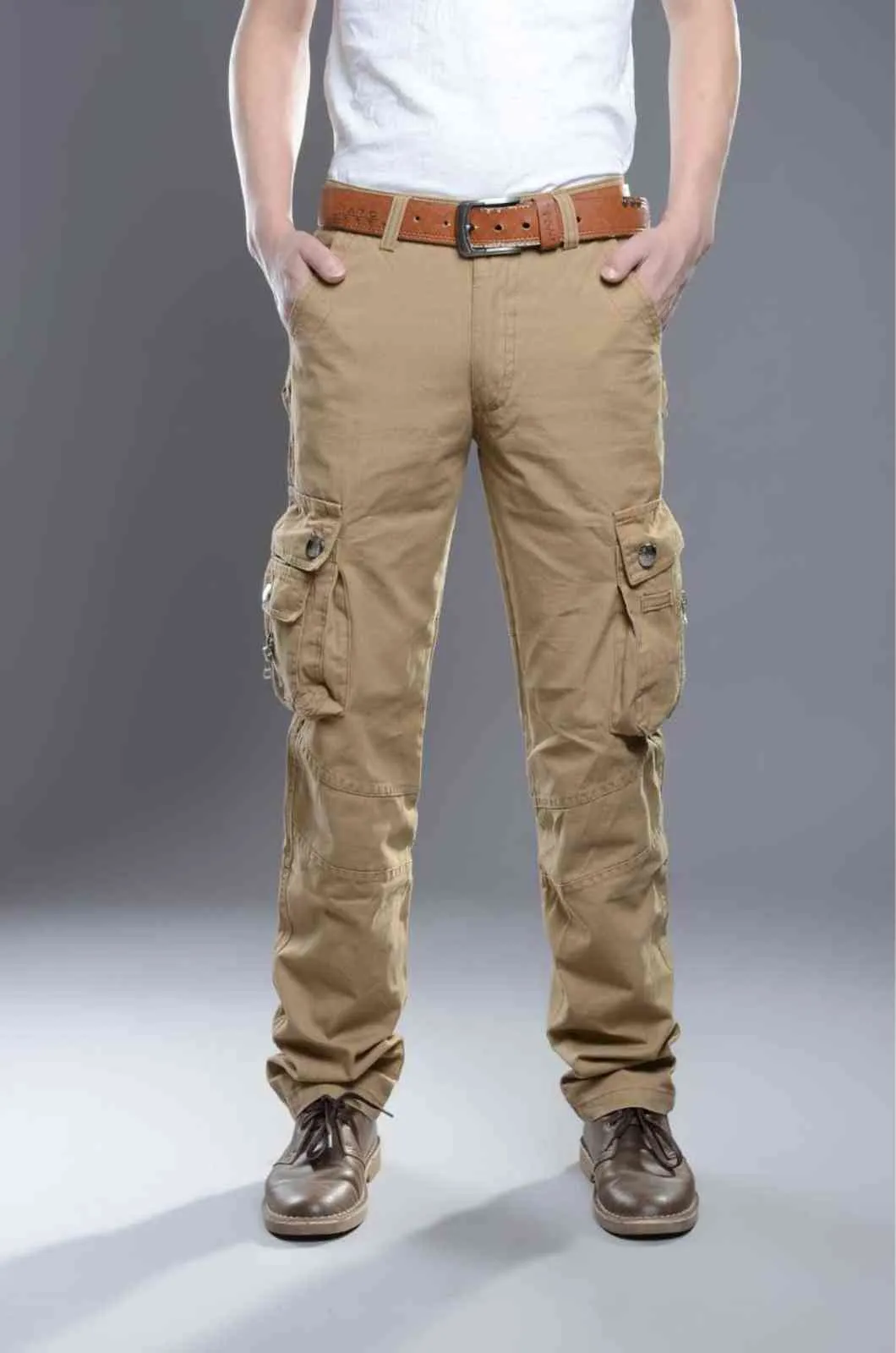 Men Elastic Waist Cargo Pockets Trousers Slim Fit Sport Combat