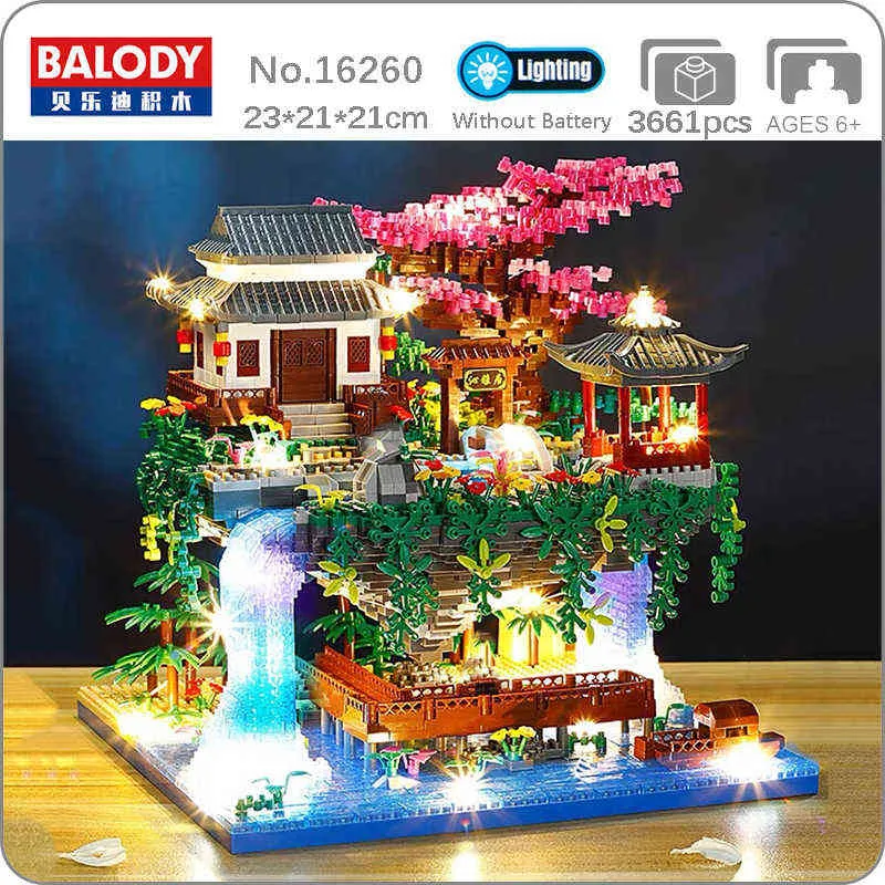 Balody 16260 Architettura Peach Tree House Pavilion Waterfall River LED Light DIY Mini Diamond Blocks Bricks Building Toy no Box Y220214