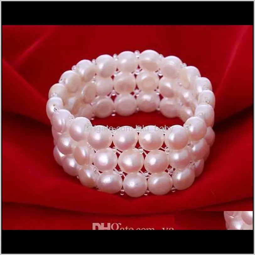 wholesale hot ms. three rows 9-10mm natural white pink purple pearl bracelet s004