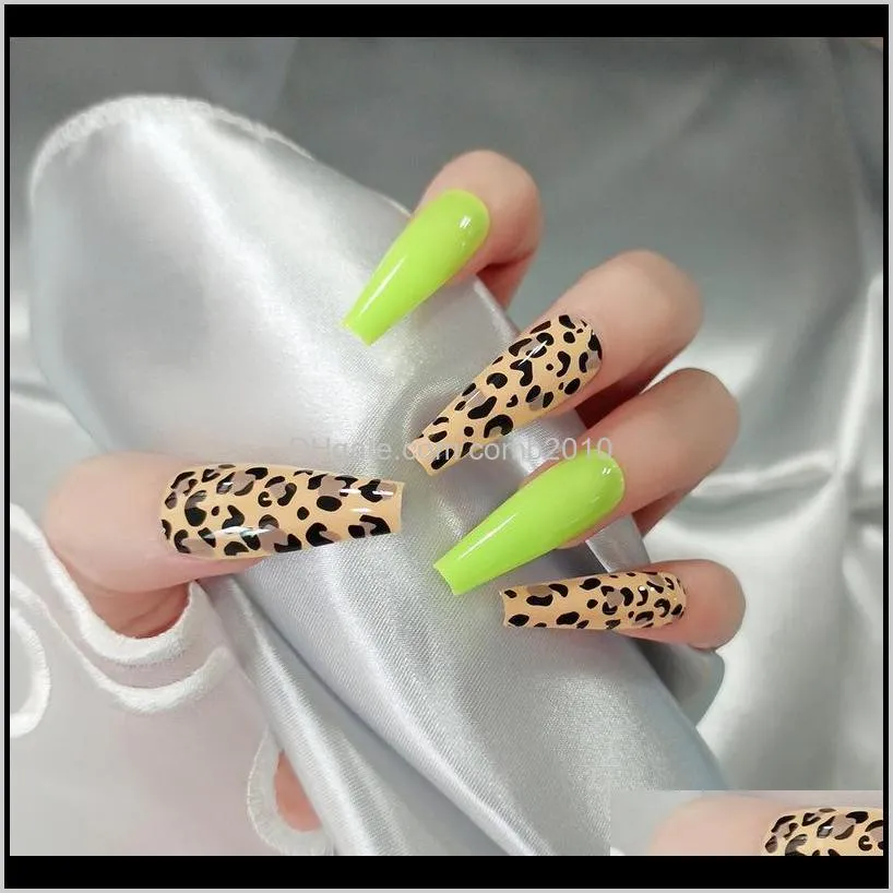 24pcs/set black leopard print fake nails extra long coffin false nail elegant shiny fluorescent acrylic fulll cover nail tips manicure
