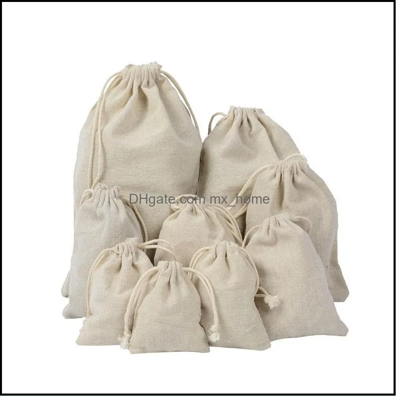 선물 이벤트 축제 용품 가정 가드 곤프 랩 많은 크기의 크기 Dstring Cotton Linen Fabric Cloth Bag 50pcs 천연 삼베 사탕 가방 결혼 P