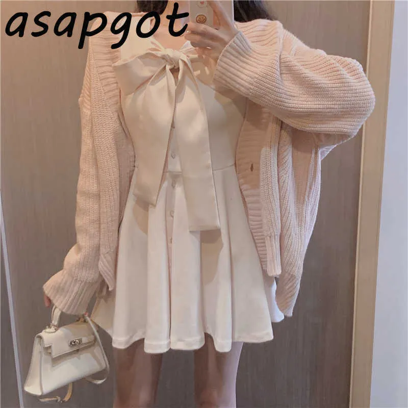 Нежный V-образный розовый кардиган вязаный свитер пальто свободно сладкий с длинным рукавом бантик воротник однобортное платье короткий модный шик 210610