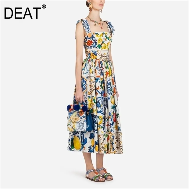 【木】夏のファッションスクエアカラーハイウエストノースリーブの気質エレガントな印刷ドレス女性13Q429 210527