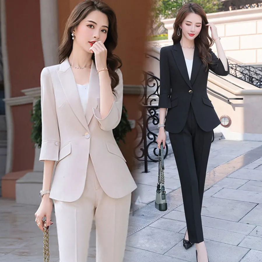 2020 albaricoque negro femenino elegante traje de mujer conjunto blazer  pantalón pantalón negocio uniforme ropa mujer dama tops y blusas