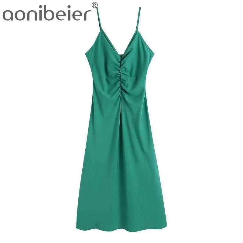 Frauen ärmelloses grünes langes Kleid Sexy V-Ausschnitt geraffte rückenfreie Spaghettiträger Maxi Party Knöchellänge Cami 210604