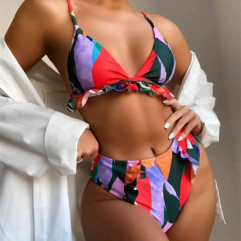 Sexy Spagetti Strap Flounce Bikini Color Patchwork Mulheres Brasileiro Terno de Banho Femme Push Up Nenhum suporte de aço Conjunto 210604