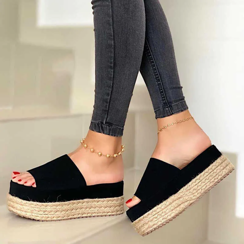 Lithing 2021 Dames Slippers Wees Bodem Casual Hakken Schoenen Vrouw Gevlochten Hennep Touw Strand Slippers Platform Platte Sandalen Schoenen X0526