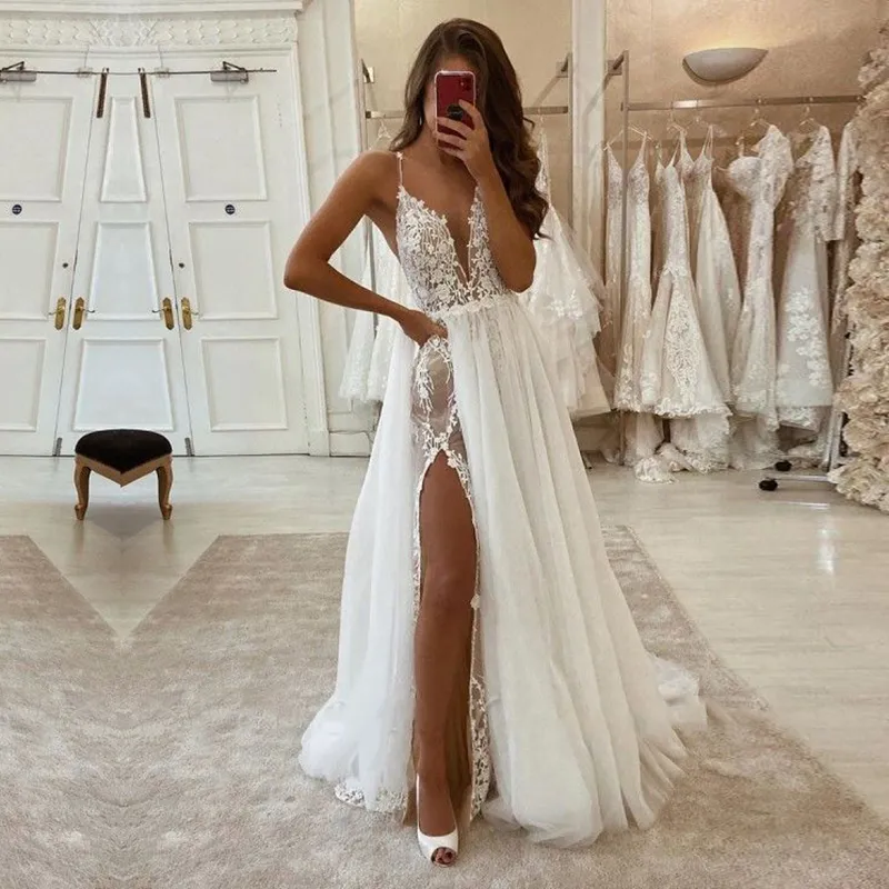 Gelinlik boho spagetti kayış aplikeler dantel bohem gelinlikleri dantel gelin elbiseleri Trowjurk robe de mariage2803