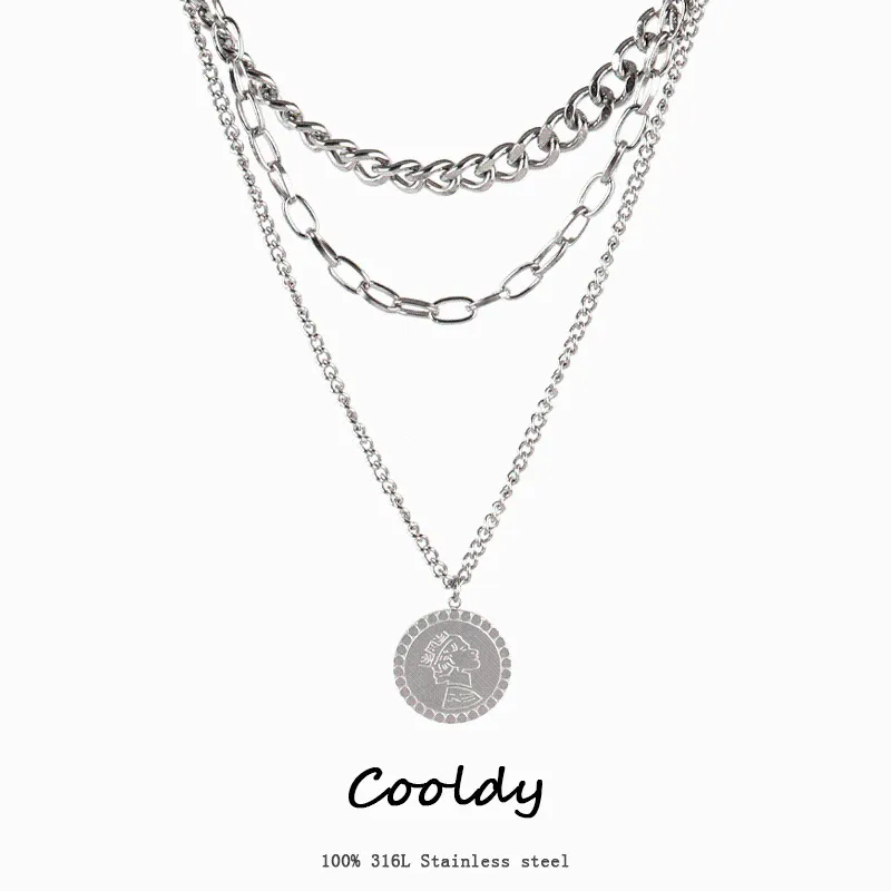 Pendant Necklaces Stainless Steel Necklace Punk Multilayer Carved Coin Clavicle Chain Metal Thick For Women Jewelry