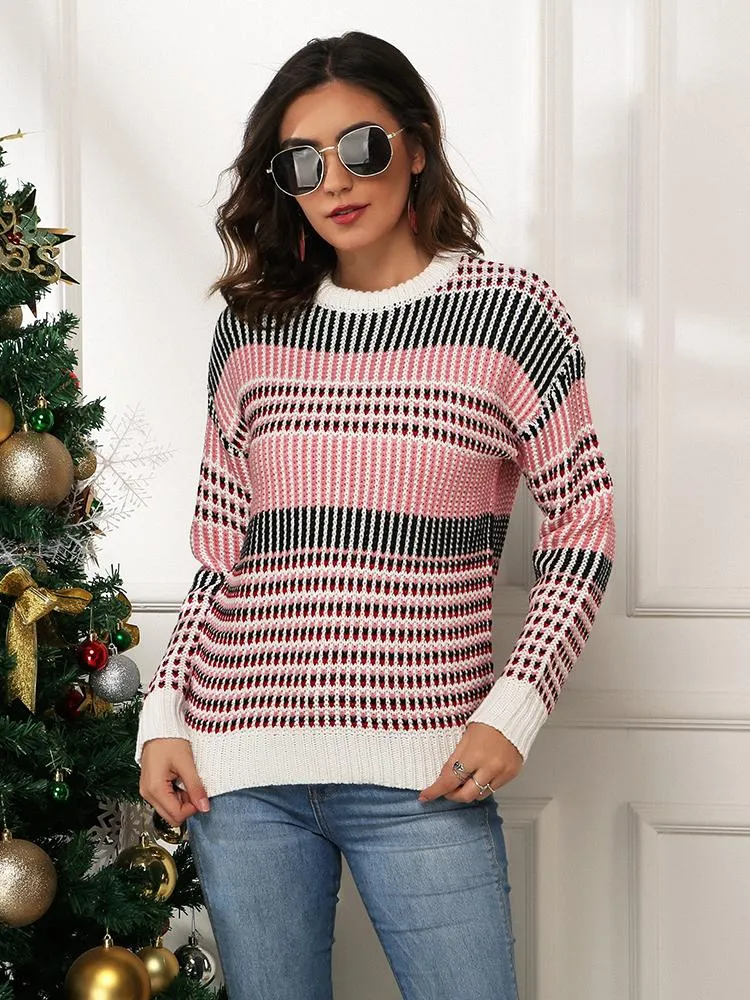 Kvinnors tröjor Meiyangyoung Löst tröja långärmad Pullover Kvinnor O Neck Sweet Christmas For Woman Striped Jumper Female