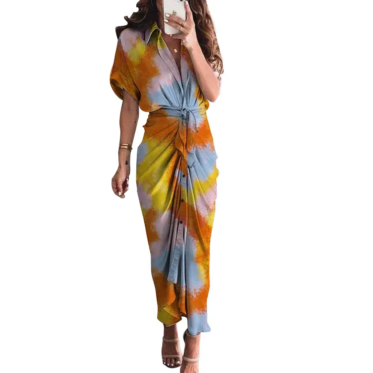 Women Summer Elegant Button Ruched Bandage Shirt Dress Fashion Short Sleeve Solid V Neck Beach Maxi