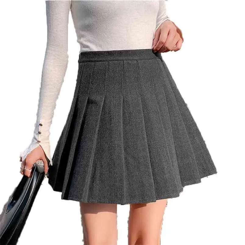 冬のウールの黒のスカートの女性韓国風のハイウエストジッパープラスサイズの灰色のAラインRuched upskirt日本の学校制服210604