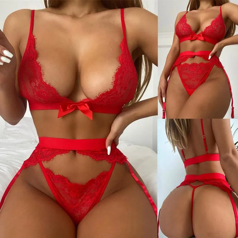 Senhoras Sexy Lingerie Vermelho Red Split Lace Cintura Alta Thongs Plus Sutiã Tentação Set Muslin Pijama Underwear Top + Shorts Yoga Outfit