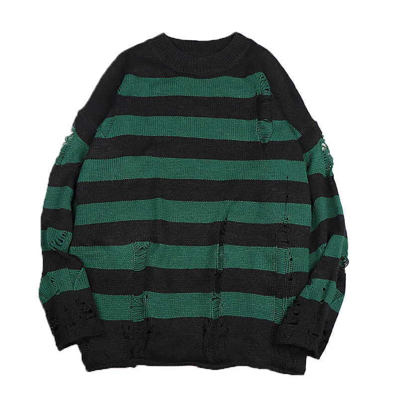 Maglione Oversize Strappato Harajuku – Uomo E Donna – Nero E Rosso A Righe – Hip Hop | Acrilico E Cotone - 3