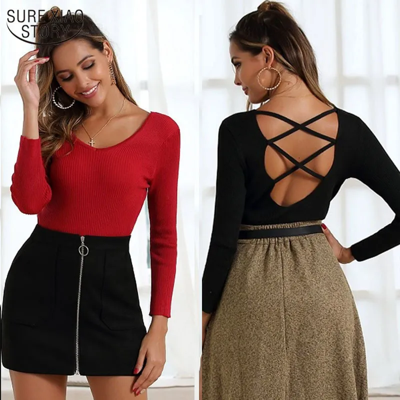 Spring Summer Sexy Women Knitted Top Long Sleeve Slim Hollow Back V-neck Sweater Pullover Retro Jumper 12816 210508