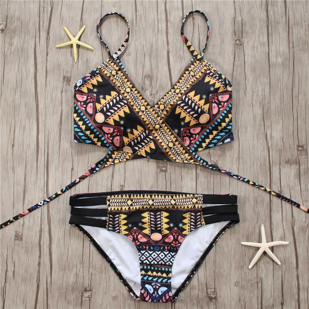 Sexy Bandage Aztec Biquini String Strappy Swim Wear Bathing Suit Swimsuit Beachwear Swimwear Women Brazilian Bikini 210629