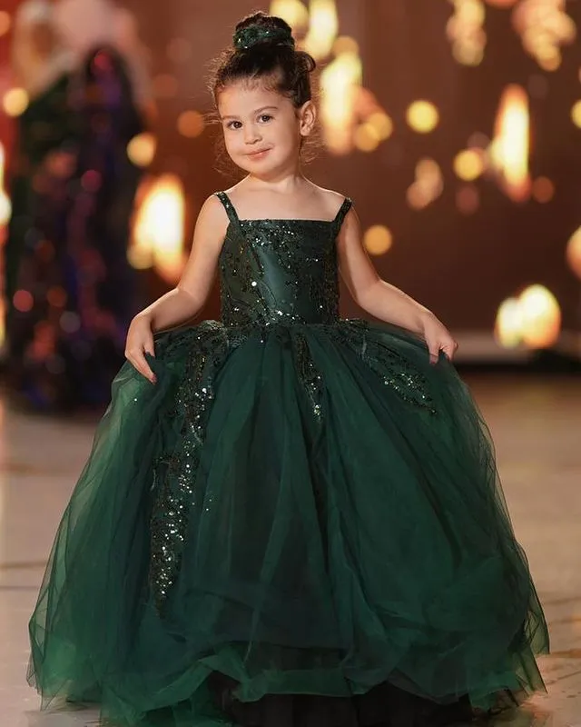 2021 escuridão verde rendas flor menina vestidos bola vestido tulle sem costas lilttle crianças concurso de aniversário vestidos de casas zj001