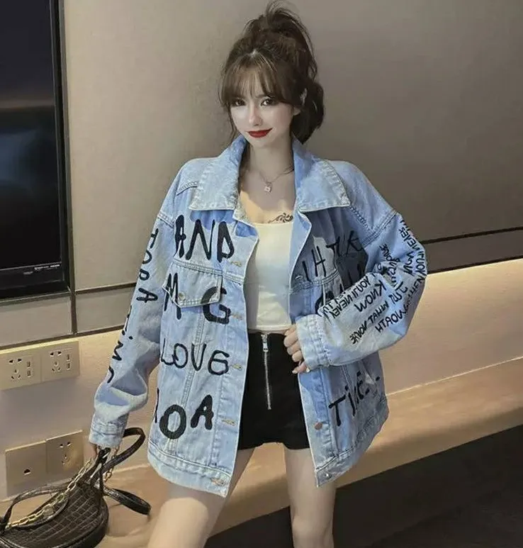 Giacca di jeans casual ricamata con lettera moda primavera Giacca da donna a maniche lunghe High street Jean Femme 210518