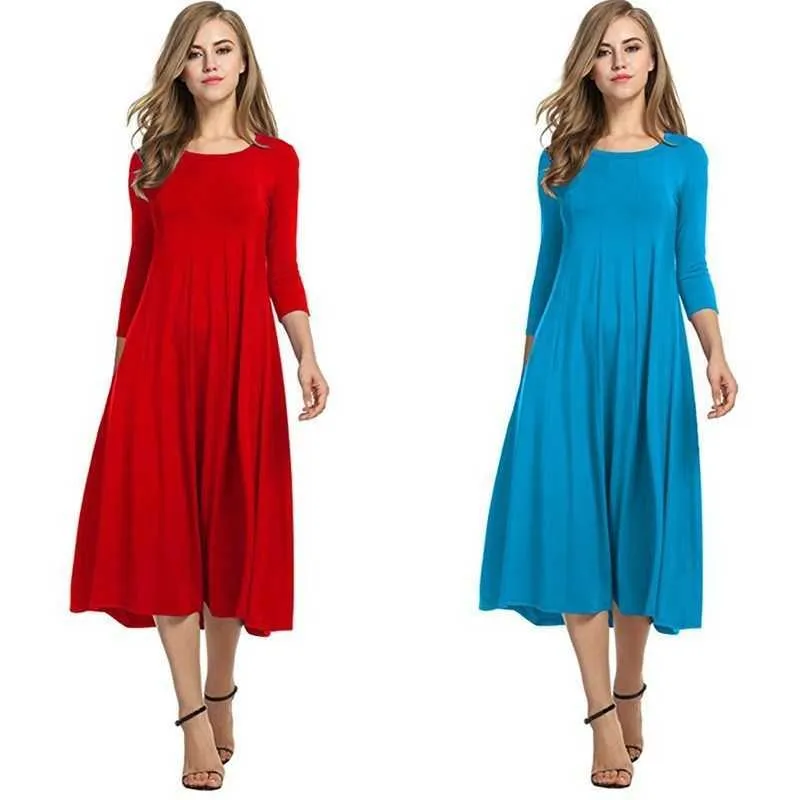 Three Quarter Sleeve Dresses For Women Casual Autumn Pleated Midi Elegant O neck Party Femme Robe 2020Plus Size Girl dress Y0603