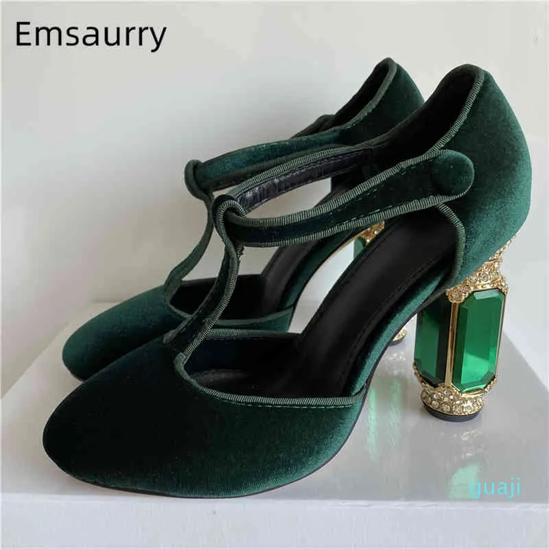 Luxury Emerald Agate Chunky Heel Wedding Shoes Jeweled High T-strap Green Velvet Round Toe Rhinestone Pumps Women