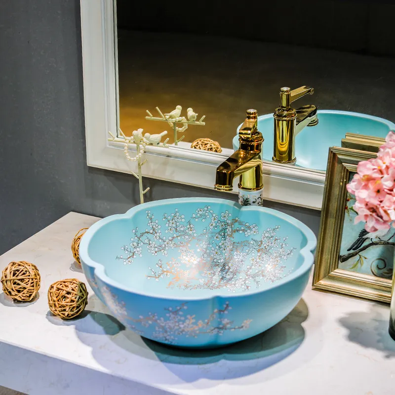 Bathroom art basin China Art Bathroom Vessel Sinks flower counter top washbasin bathroom sinks antique blue plum blossom