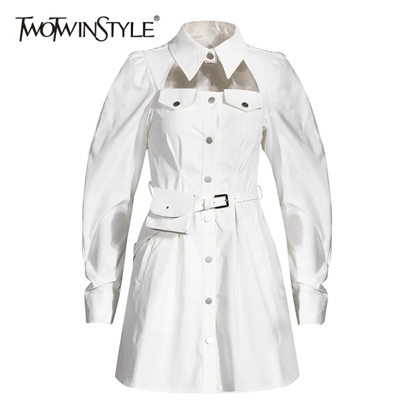 Hollow Out Shirt Dress For Women Lapel Long Sleeve Tunic Waist Bag Mini Casual Dresses Female Fall Fashion 210520