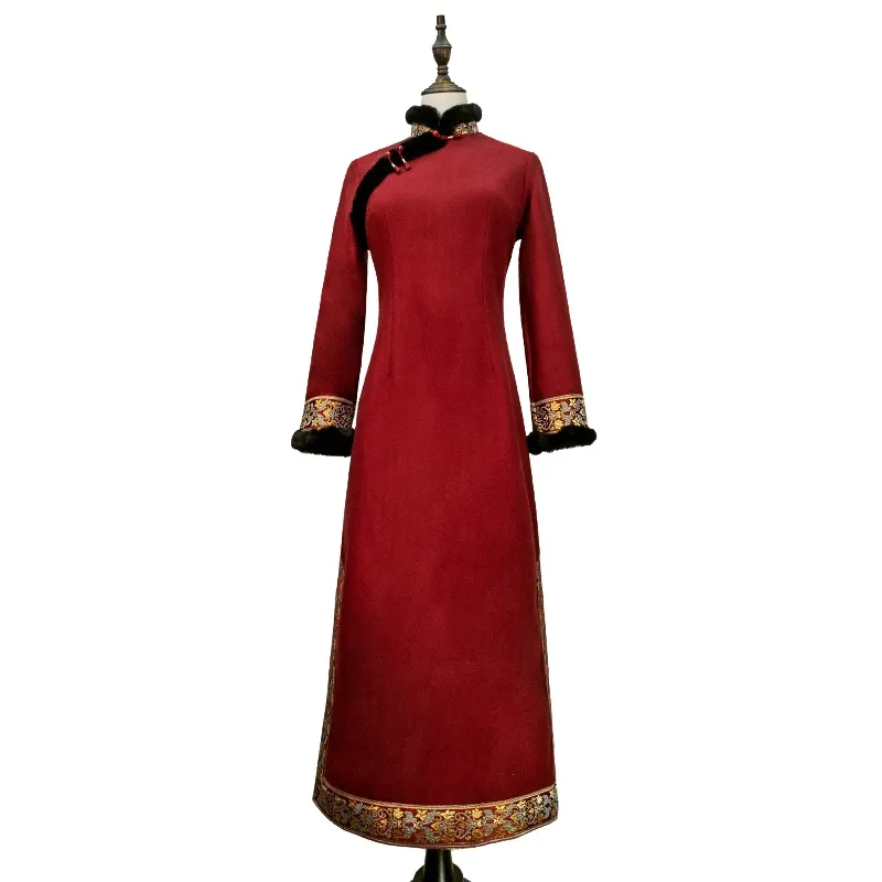Red Shanghai Story Qipao Cheongsam Dress for Women - Perfect for Winter, Autumn, and New Year Parties