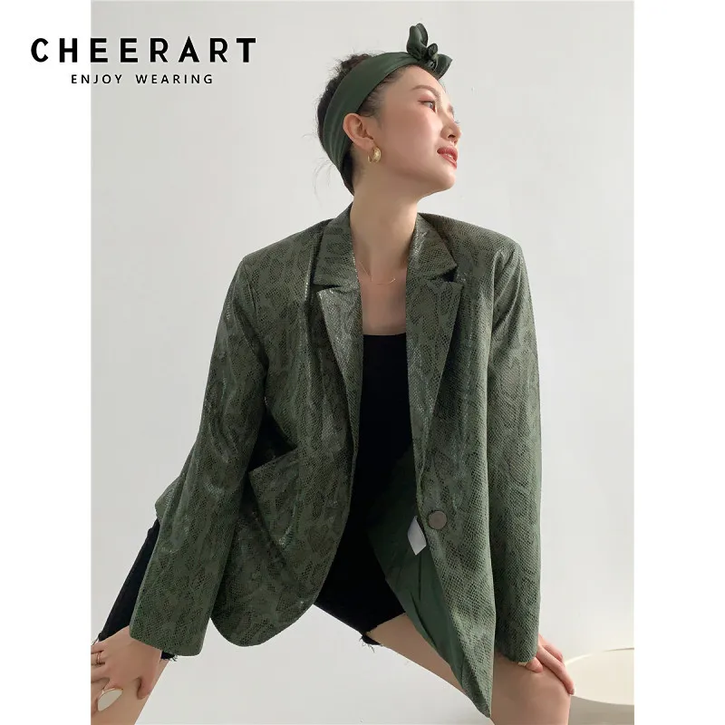Green Leather Blazer Snake Skin Jacket Women Faux Coats And Jackets Fall Fashion Clothing 210427