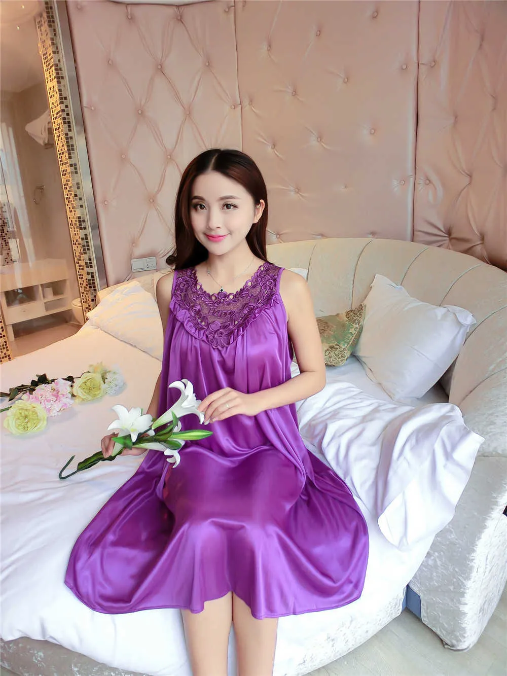 Plus Size 4XL Ladies Silk Satin Sleeveless Night Dress Mid-Calf Length Lace Nightgown  Sleepwear Women from Dhgate home clothing - price 20.53