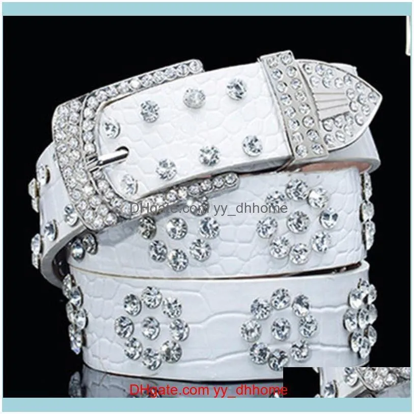 Fashion luxury designer beautiful diamond zircon flower leather belt for female women girls 110cm 3.6 ft