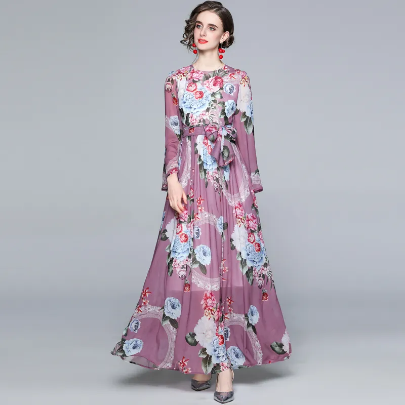 Dames Spring Designer Elegant Purple Chiffon Maxi Jurk Mode Party Robe Femme Vintage Floral Print Holiday Jurken Vestidos 210525