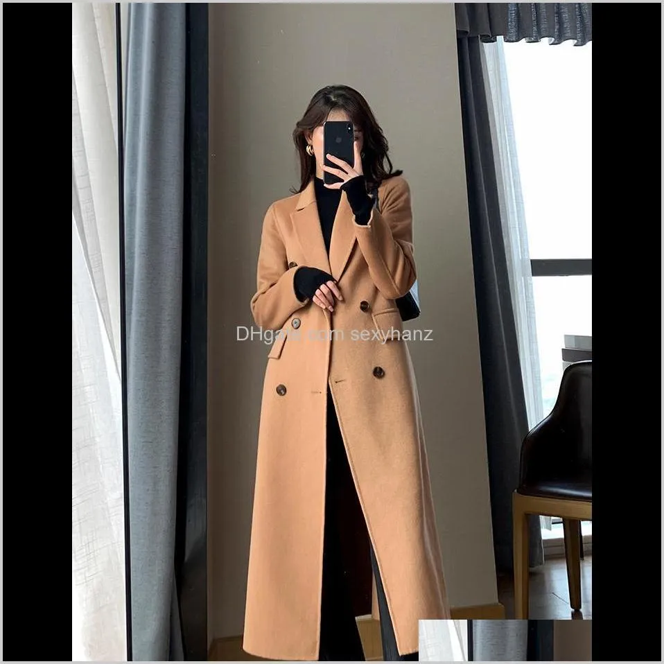 camel double faced cashmere overcoat women`s 2021 autumn and winter new high-end temperament medium long woolen jacket1