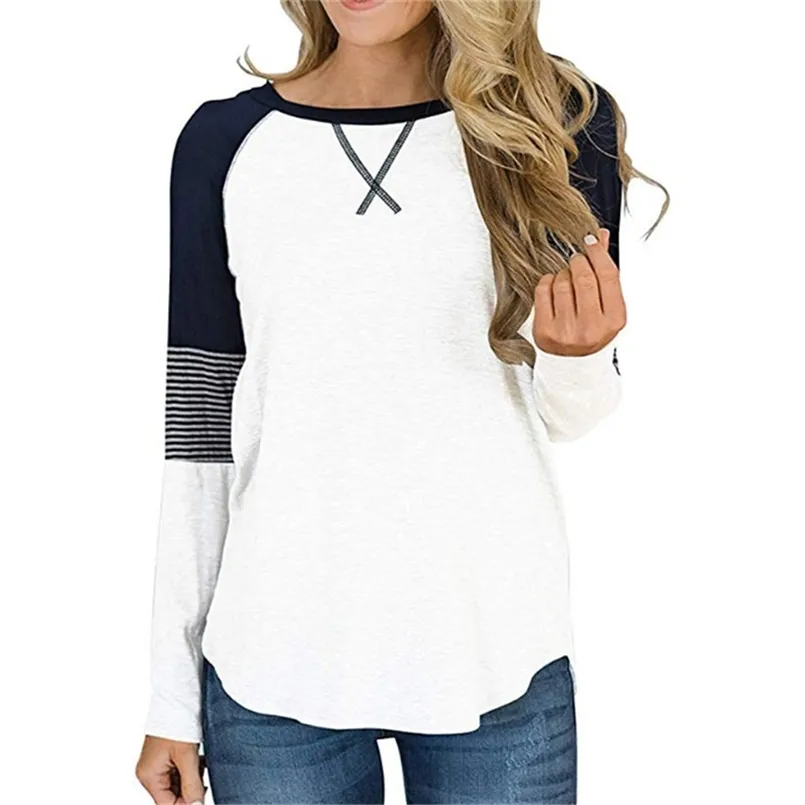 Casual blanc femmes T-shirt coton manches raglan couleur correspondant t-shirts pour femmes grande taille 2XL automne femme vêtements 210819