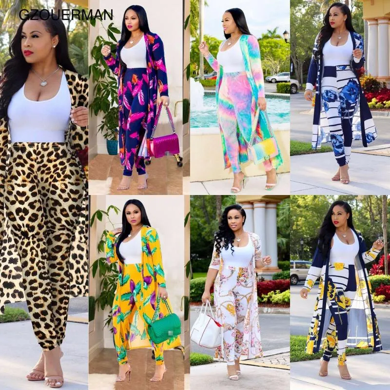 Women Print Long Sleeve Cardigan Pants Summer Two Piece Tracksuits 2 Suits Loose Sexy