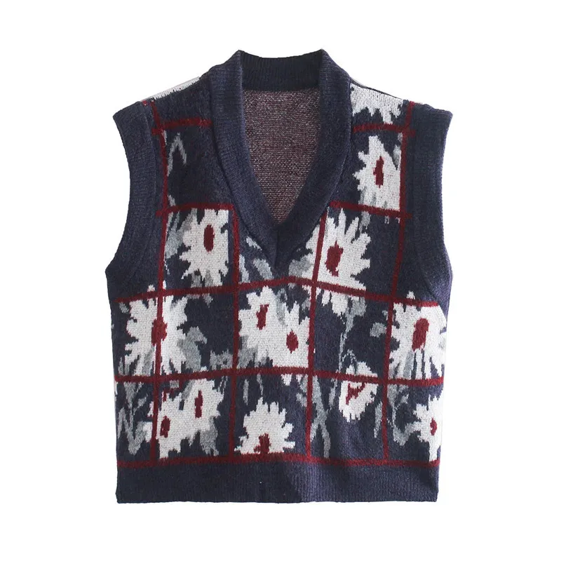 BLSQR Kvinnor Floral Vest Tröja Casual V Nacke Ärmlös Höst Vinter Jumper Stickad Streetwear Style Pullover Lösa Toppar 210430