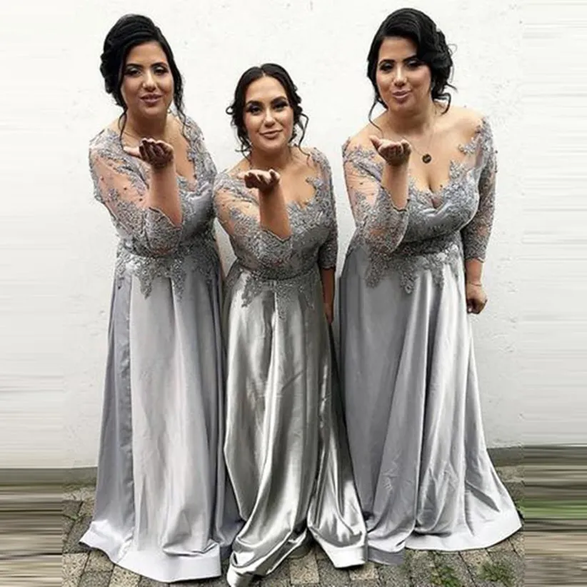 Gümüş Artı Boyutu Gelinlik Modelleri 2021 Sheer Boyun Uzun Kollu Sweep Tren Aplikler Boncuk Bahçe Üyesi Düğün Konuk Abiye giyim