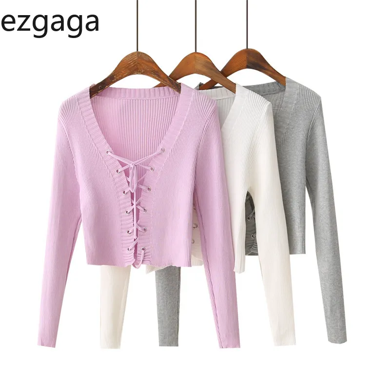 Ezgaga femmes pull automne nouveau violet à manches longues hauts à lacets tricoté Cardigan solide mince bureau dame mince mode 210430