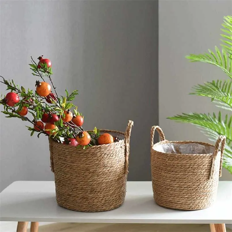 Handmade Bamboo Storage Baskets Laundry Straw Patchwork Wicker Rattan Seagrass Belly Garden Flower Pot Planter Basket 211130