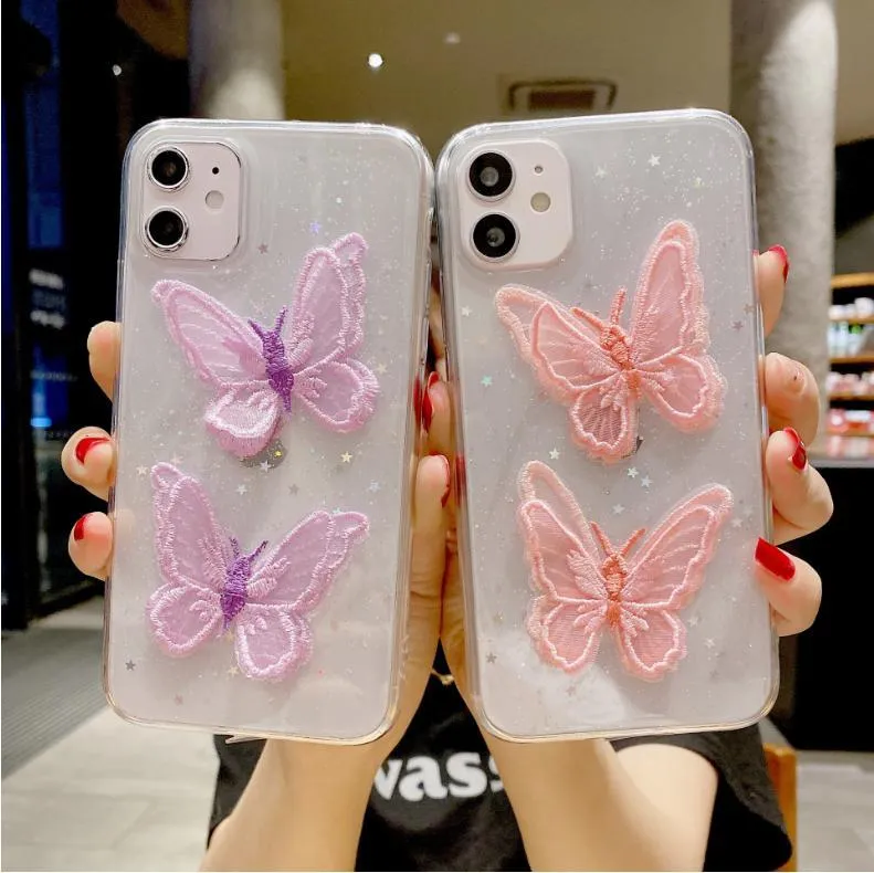 Broderi Butterfly Soft Phone Fodral för iPhone X XS Max XR 11 12PRO 8 7 Plus