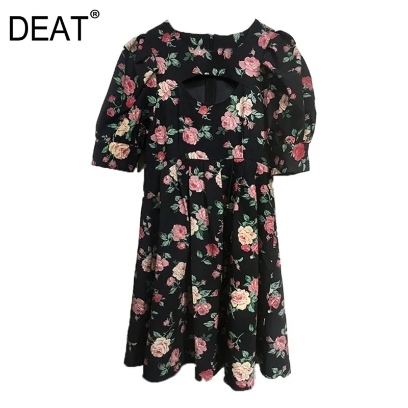 [DEAT] Women Summer Round Neck High Waist Short Sleeve Printing Loose Elegant Dress Fashion 13D091 210527