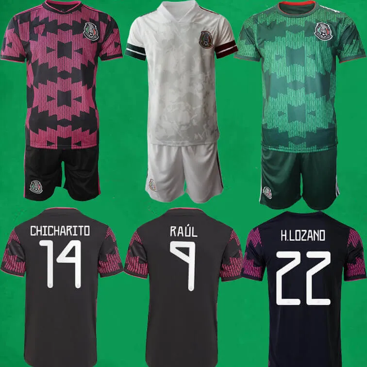 21/22 México Jersey 2021 2022 Chicharito Vela Raul Lozano Camisas e calças Mexican Home Away Men Kids Conjunta Kit de goleiro Camisola de Futebol