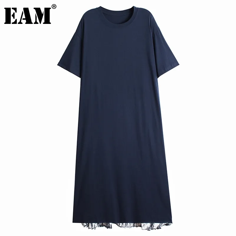 [EAM] Frauen Blau Große Größe Gespleißt Druck Schärpen Kleid Rundhals Kurzarm Lose Fit Mode Frühling Sommer 1DD7249 21512