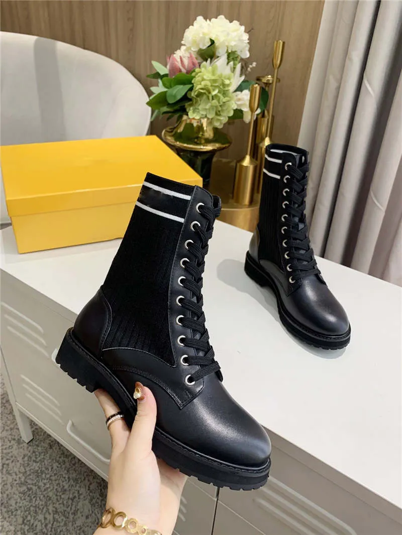 Women`s Knitted Sock Ankle Combat Zucca Leather Boots With Box
