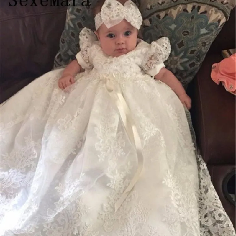 Robes de fille ivoire blanc longue robe de baptême pour bébé filles dentelle perles robe de baptême à manches courtes avec bonnet