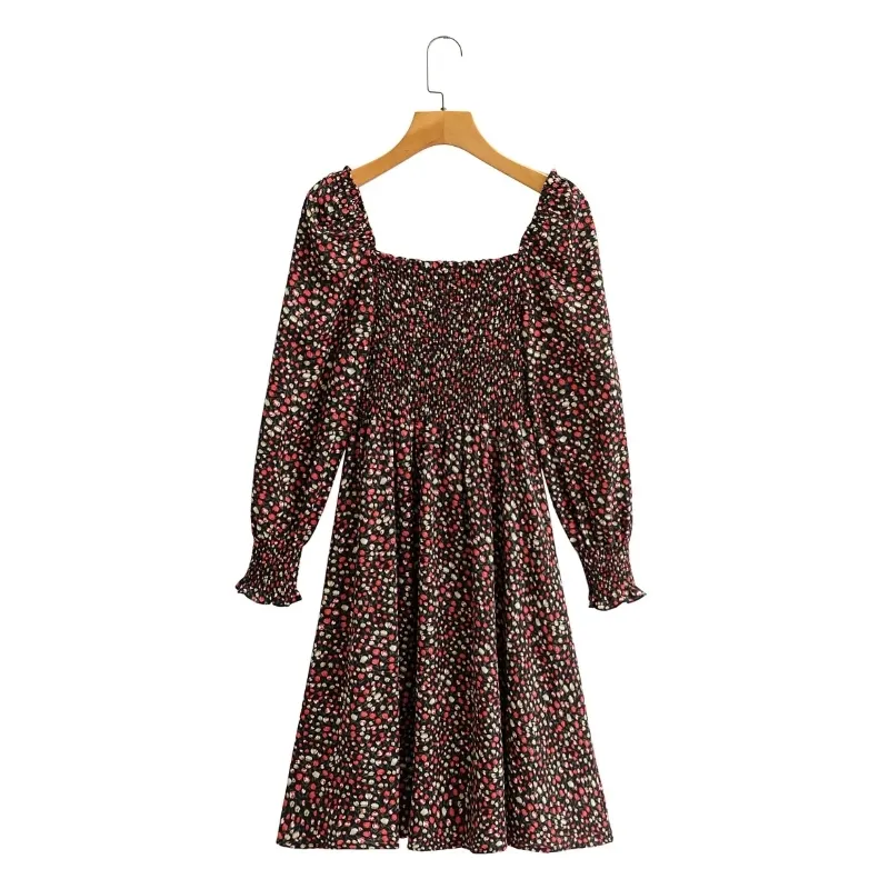 Spring Women Floral Print Square Collar Stretch Elegant Dress Female Long Sleeve Clothes Casual Lady Vestido D7188 210430