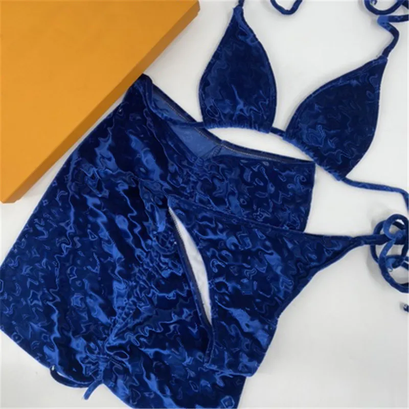 New Color Velvet Swimwear Letter Pattern Jacquard Bathing Suit 3 Piece Set Soft Smooth Lace Up Bikini Sets For Women Holiday