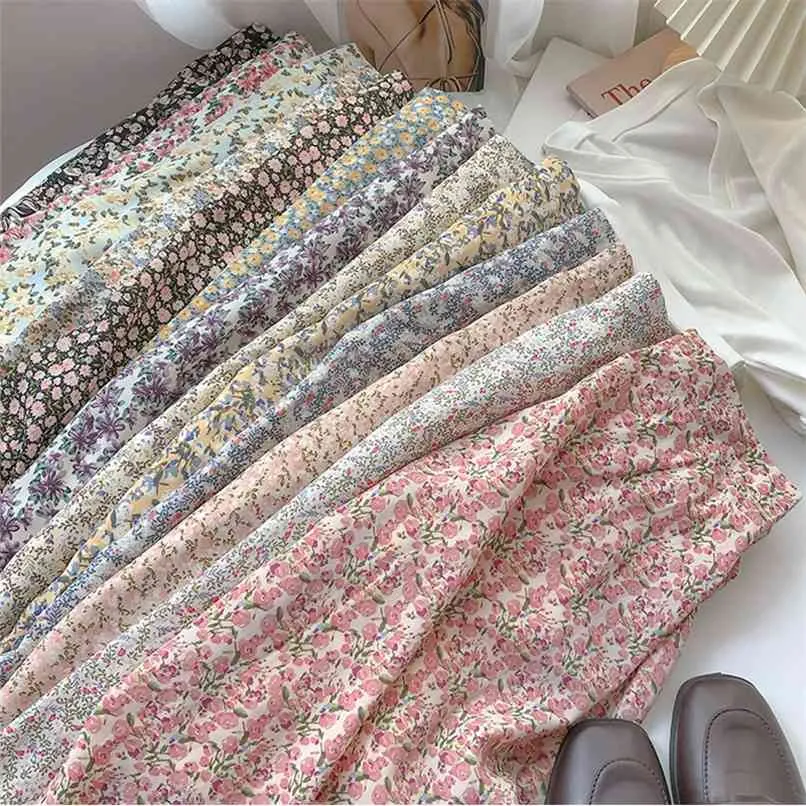 Sommar hög midja chiffong kjol koreansk stil elastisk medellängd rosa lila blommig a-line 210529